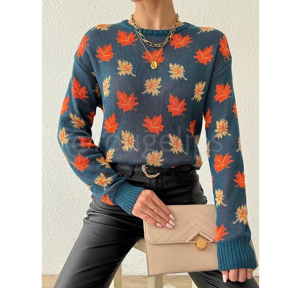 Leaf Print Knit Sweater Pullover for Fall Autumn Dark Teal/Green - Picture 2 of 6